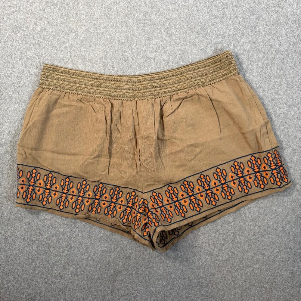 Umgee USA Women's Large Tan Embroidered Smocked Elastic Waist Pull-On Shorts